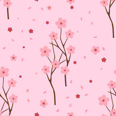 Seamless pattern with cherry blossom Sakura flower and flying petals on pink background vector illustration.