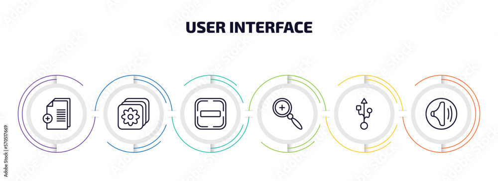 Poster user interface infographic element with outline icons and 6 step or option. user interface icons suc