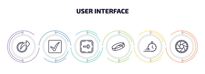user interface infographic element with outline icons and 6 step or option. user interface icons such as share, check square, go, 3d pie chart, express, shutter vector.