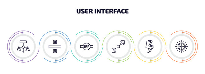 user interface infographic element with outline icons and 6 step or option. user interface icons such as flow chart interface, division, desactivate, enlarge, lightining, brightness vector.