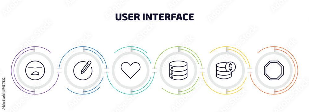 Poster user interface infographic element with outline icons and 6 step or option. user interface icons suc