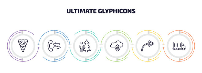 ultimate glyphicons infographic element with outline icons and 6 step or option. ultimate glyphicons icons such as pizza piece, phone call outcoming, man and tree, internet security, turn right, big