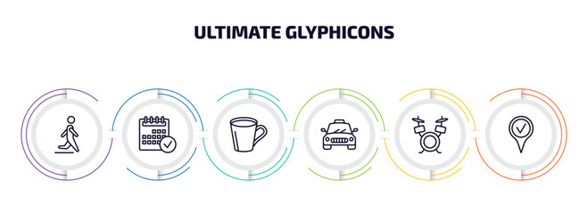 ultimate glyphicons infographic element with outline icons and 6 step or option. ultimate glyphicons icons such as man walking to right, calendar checked, big cup, taxi fron view, band, checked pin