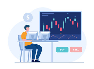 Trading stock, forex, bitcoin, currency, candlestick analyst, analysis concept, commodities, flat vector illustration for banner premium vector