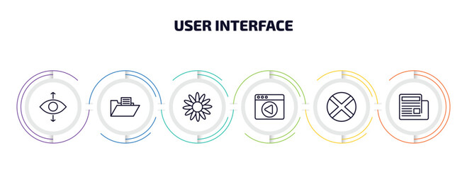 user interface infographic element with outline icons and 6 step or option. user interface icons such as perspectives, data folder, image of a flower, video in browser, jamaican, newspaper folded