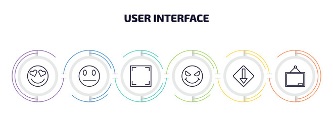 user interface infographic element with outline icons and 6 step or option. user interface icons such as in love smile, sceptic smile, screen in white, evil smile, low, blackboard with vector. - obrazy, fototapety, plakaty