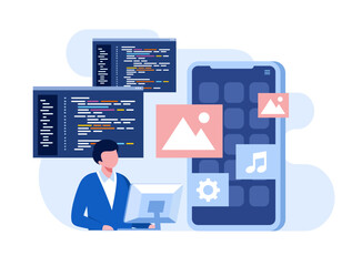 Software development. Web programming languages. css, html, it, ui. programmer cartoon character developing website, coding. flat illustration banner