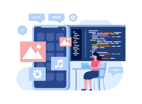 Web development. programming languages. css, html, it, ui. programmer cartoon character developing website, coding. flat illustration banner