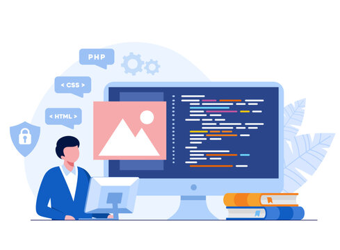 Web development. programming languages. css, html, it, ui. programmer cartoon character developing website, coding. flat illustration banner