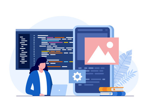 Software development. Web programming languages. css, html, it, ui. programmer cartoon character developing website, coding. flat illustration banner