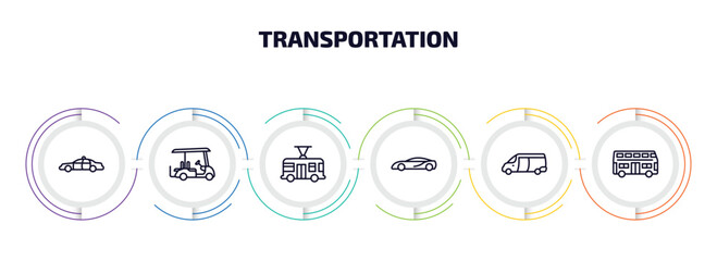 transportation infographic element with outline icons and 6 step or option. transportation icons such as police car, golf cart, trolleybus, sports car, van, double decker bus vector. - obrazy, fototapety, plakaty