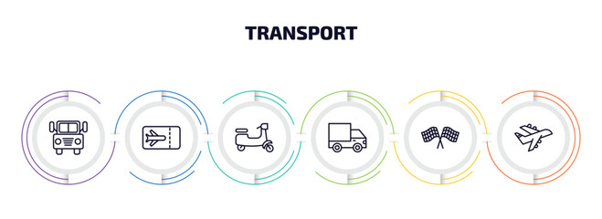 transport infographic element with outline icons and 6 step or option. transport icons such as prison bus, plane tickets, scooter bike, heavy vehicle, motorsport, planes vector.