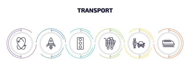 transport infographic element with outline icons and 6 step or option. transport icons such as movement, space rocket launch, car traffic, cart with boxes, parking men, bobsleigh vector.