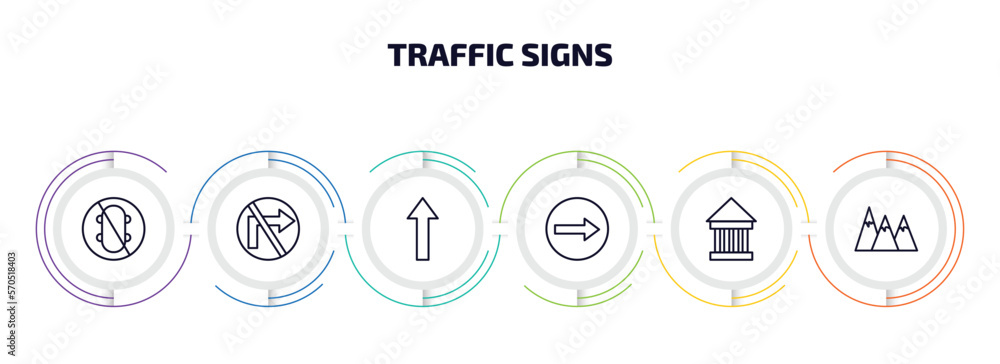 Poster traffic signs infographic element with outline icons and 6 step or option. traffic signs icons such 