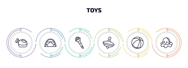 toys infographic element with outline icons and 6 step or option. toys icons such as watering can toy, tent toy, microphone toy, spinning top ball octopus vector.