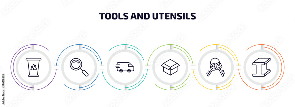 Poster tools and utensils infographic element with outline icons and 6 step or option. tools and utensils i