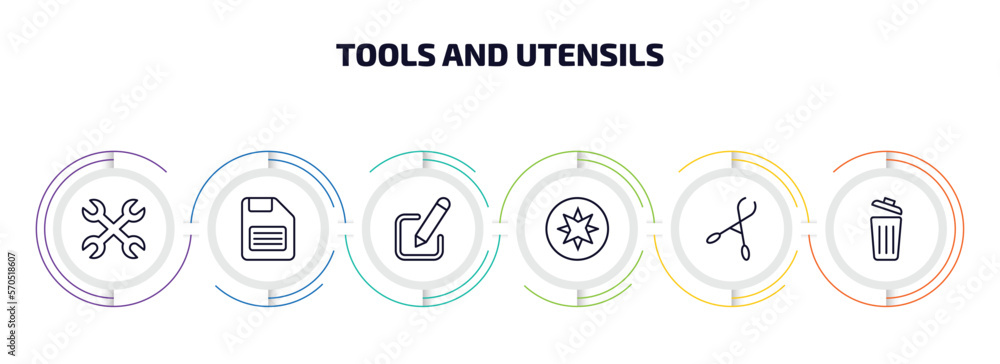 Poster tools and utensils infographic element with outline icons and 6 step or option. tools and utensils i
