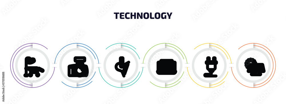 Poster technology infographic element with outline icons and 6 step or option. technology icons such as ope