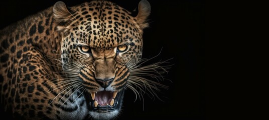 Fototapeta na wymiar Angry leopard on black background, generative ai