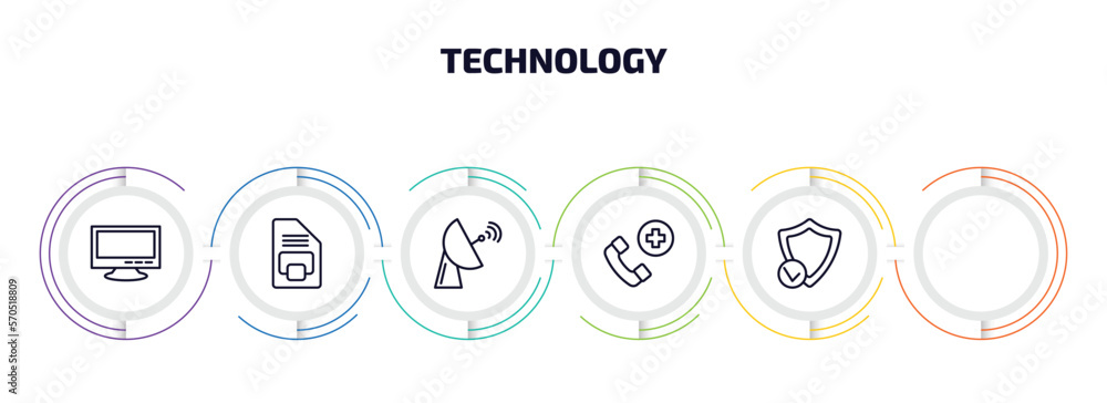 Poster technology infographic element with outline icons and 6 step or option. technology icons such as big