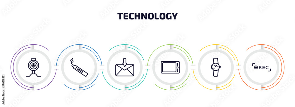 Poster technology infographic element with outline icons and 6 step or option. technology icons such as pit