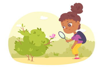 Girl holding magnifying glass to watch butterfly sitting on green plant of forest, yard or garden and study nature vector illustration. Cartoon isolated curious smart kid studying summer insects