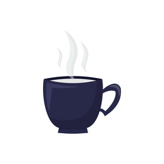Blue ceramic cup on saucer isolated vector illustration. . Fresh aroma natural coffee americano or espresso. Decorative cartoon design mockup for cafeteria posters. Dishware for drinks