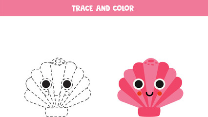 Trace and color cartoon cute sea shell. Worksheet for children.