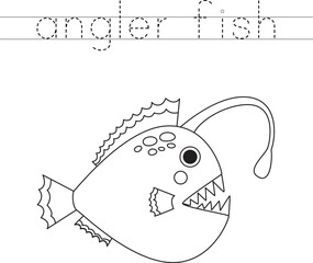 Trace the letters and color cartoon angler fish. Handwriting practice for kids.