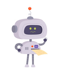 Naklejka premium Robot with message, sad toy machine waving claw to indicate error, futuristic smart bot