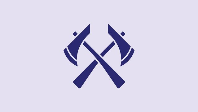 Blue Firefighter axe icon isolated on purple background. Fire axe. 4K Video motion graphic animation