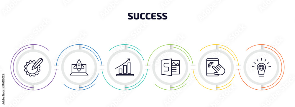 Poster success infographic element with outline icons and 6 step or option. success icons such as resources