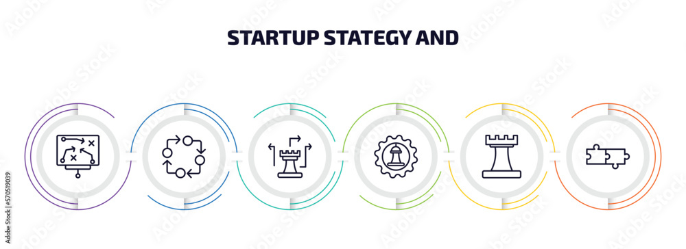 Poster startup stategy and infographic element with outline icons and 6 step or option. startup stategy and