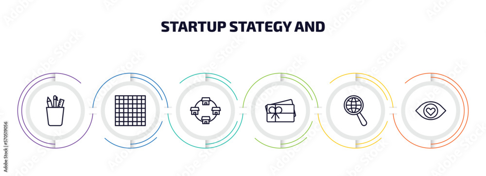 Poster startup stategy and infographic element with outline icons and 6 step or option. startup stategy and