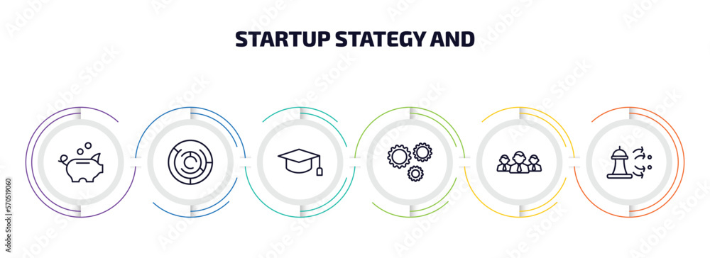 Poster startup stategy and infographic element with outline icons and 6 step or option. startup stategy and