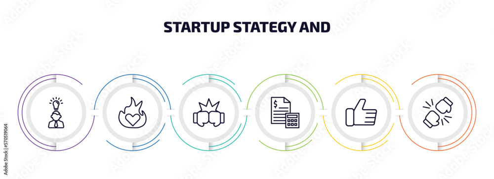 Poster startup stategy and infographic element with outline icons and 6 step or option. startup stategy and