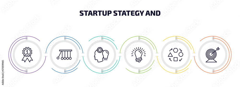 Poster startup stategy and infographic element with outline icons and 6 step or option. startup stategy and