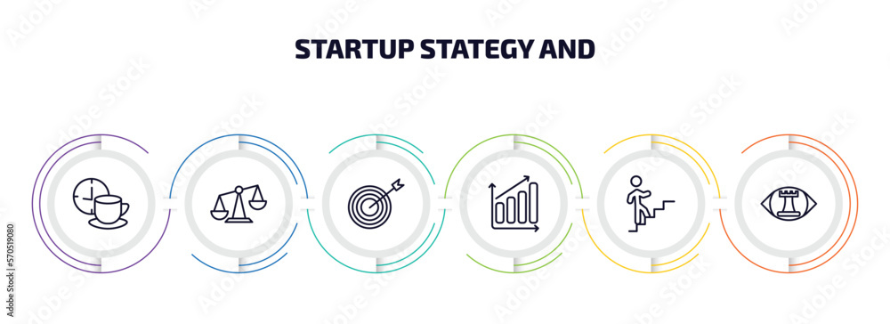Poster startup stategy and infographic element with outline icons and 6 step or option. startup stategy and