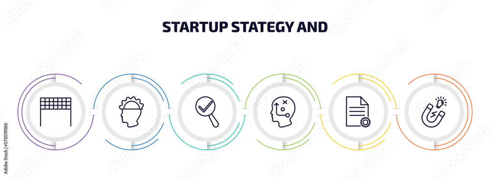 Poster startup stategy and infographic element with outline icons and 6 step or option. startup stategy and
