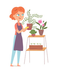Woman growing plants in garden of family home vector illustration. Cartoon woman in apron and gloves with flowerpot in hands