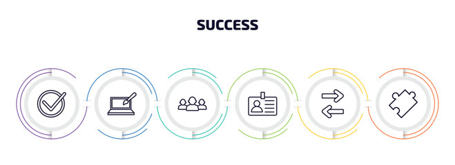 success infographic element with outline icons and 6 step or option. success icons such as accept, web de, leader, identity, exchanging, puzzle vector.