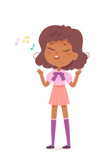 Cute girl singing song vector illustration. Cartoon isolated happy kawaii female singer standing to sing to music at Christmas party, choir performance or school concert on stage
