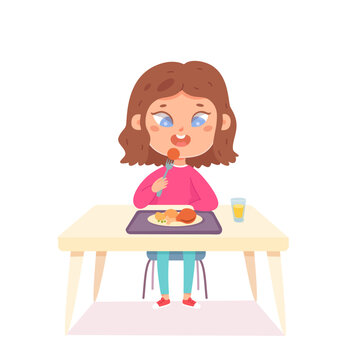 Cute Girl Eating Lunch Food In School Canteen Interior Vector Illustration. Cartoon Female School Student Sitting At Table Of Cafeteria To Eat Healthy Meals In Campus Cafe At Lunchtime