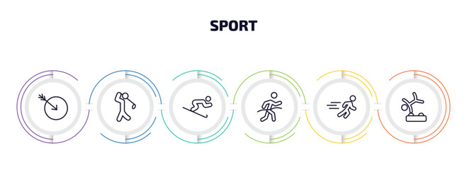 sport infographic element with outline icons and 6 step or option. sport icons such as ball arrow, golf player, skiing down hill, marathon champion, sprint, gymnastics vector.