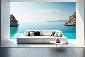 Plakat Interior of modern living room sofa or couch with beautiful sea view. Generative AI