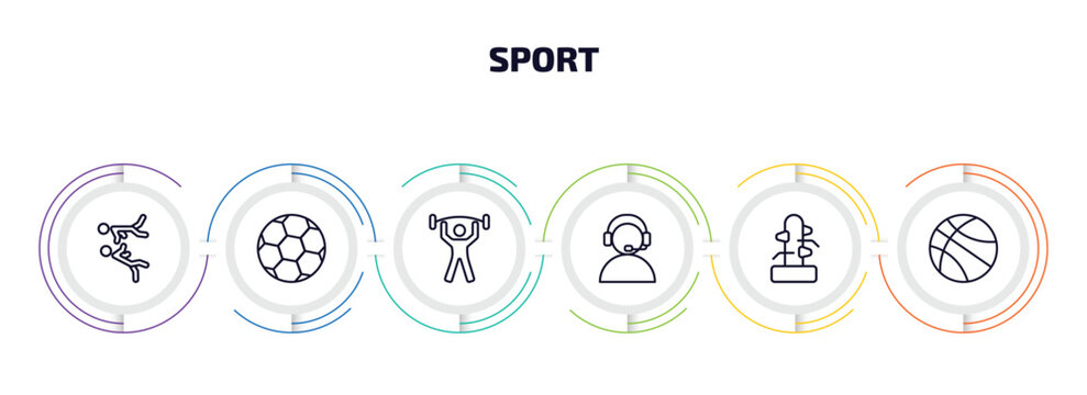 Sport Infographic Element With Outline Icons And 6 Step Or Option. Sport Icons Such As Two Judo Fighters, Soccer Ball, Exercise Gym, Commentator, Wing Chun, Basketball Vector.