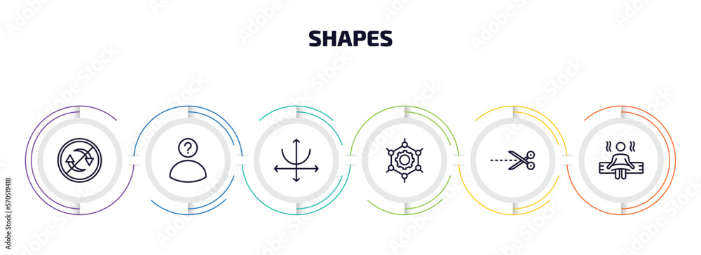 Poster shapes infographic element with outline icons and 6 step or option. shapes icons such as non recycla