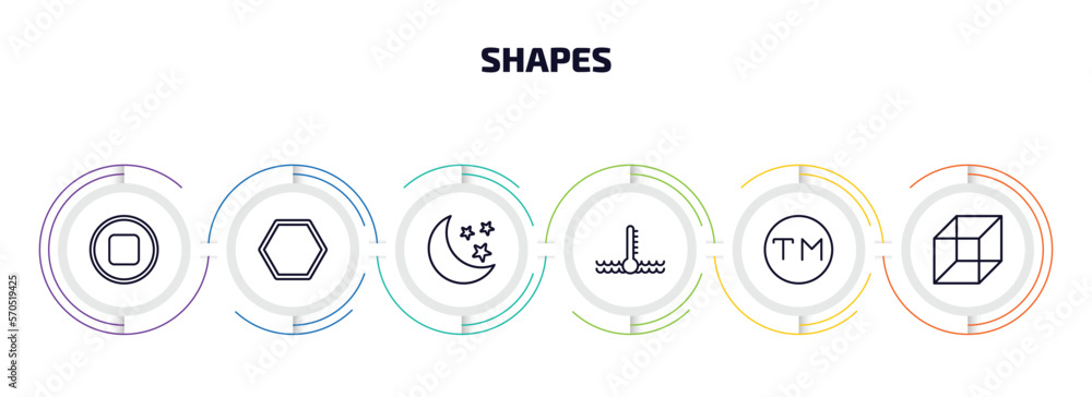 Poster shapes infographic element with outline icons and 6 step or option. shapes icons such as round stop 