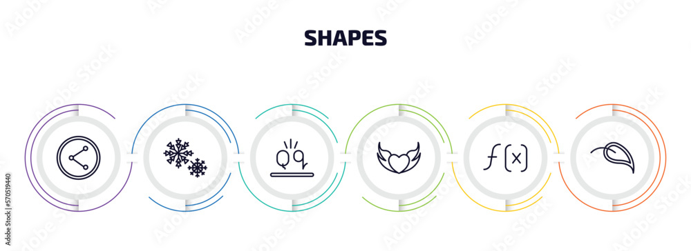 Poster shapes infographic element with outline icons and 6 step or option. shapes icons such as net content
