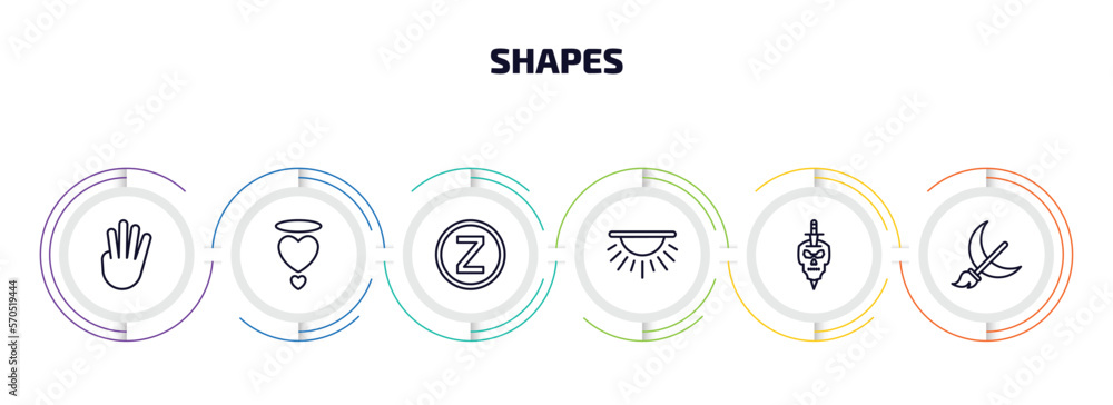 Poster shapes infographic element with outline icons and 6 step or option. shapes icons such as four finger